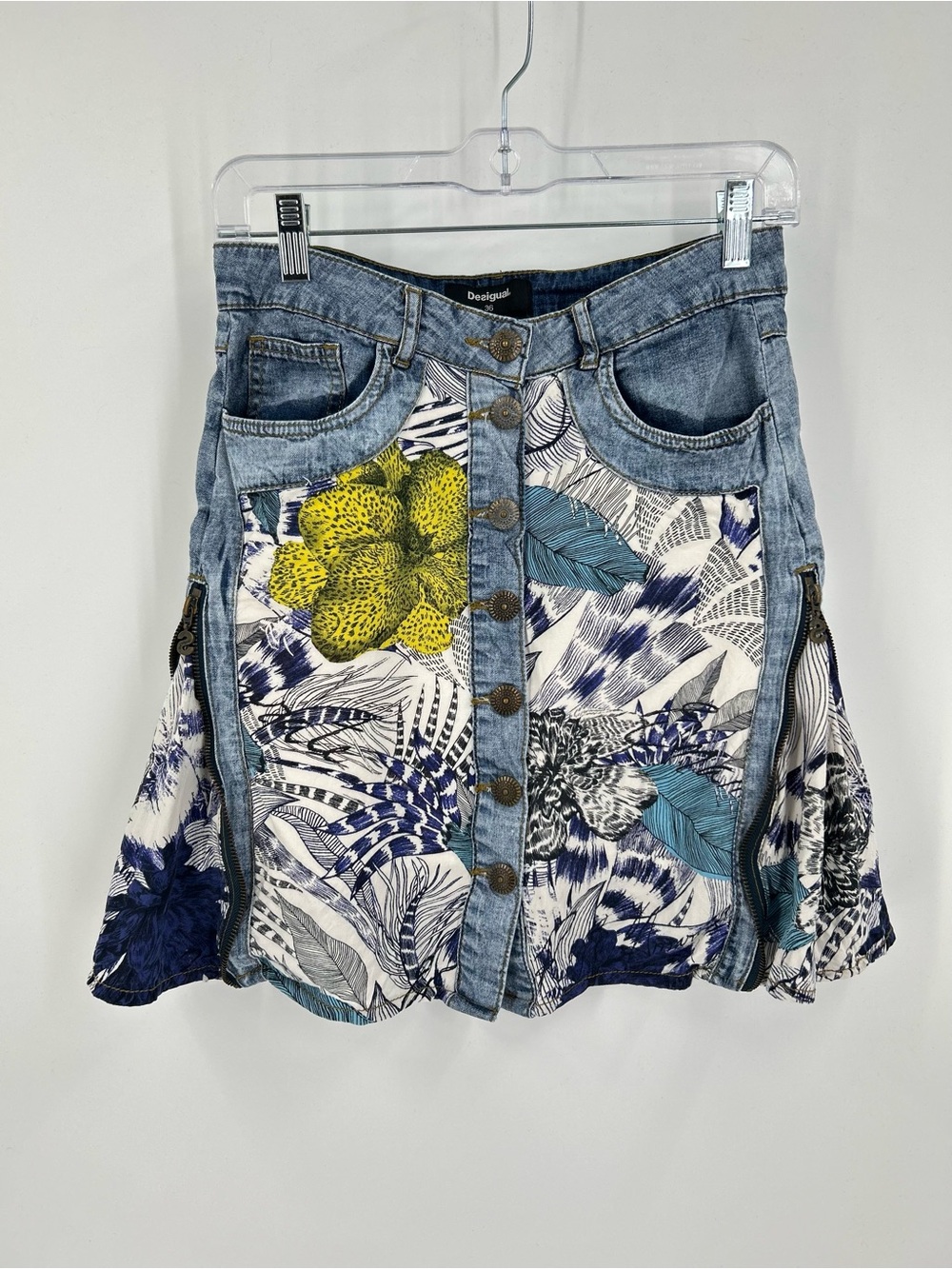 Desigual Blue, Yellow, White Floral Denim A-Line Skirt